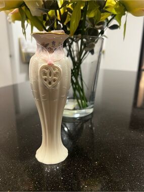 Lenox Cream Porcelain Bud Vase with Pink Ribbon and Gold Trim